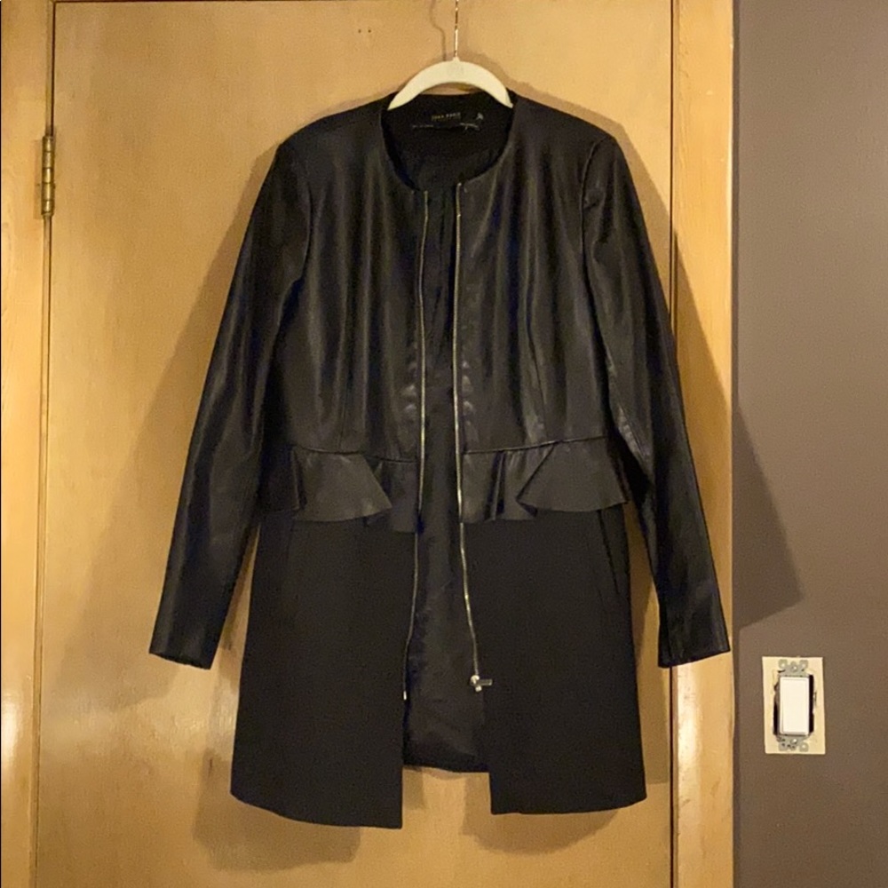 Zara long faux leather jacket with ruffle detail